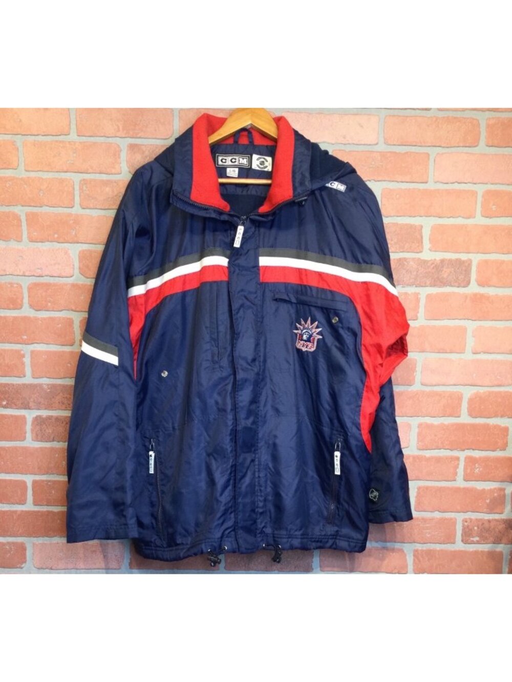 NHL New York Rangers Hooded Jacket Vintage 90s Hockey Lady Liberty Navy Mens L